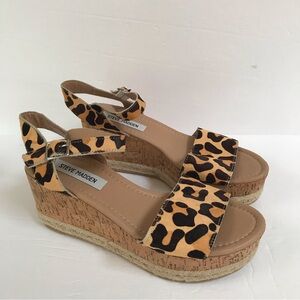 Steve Madden Sandals 8.5 Leopard Palma Shoes Leather Espadrille Wedge Cork Jute